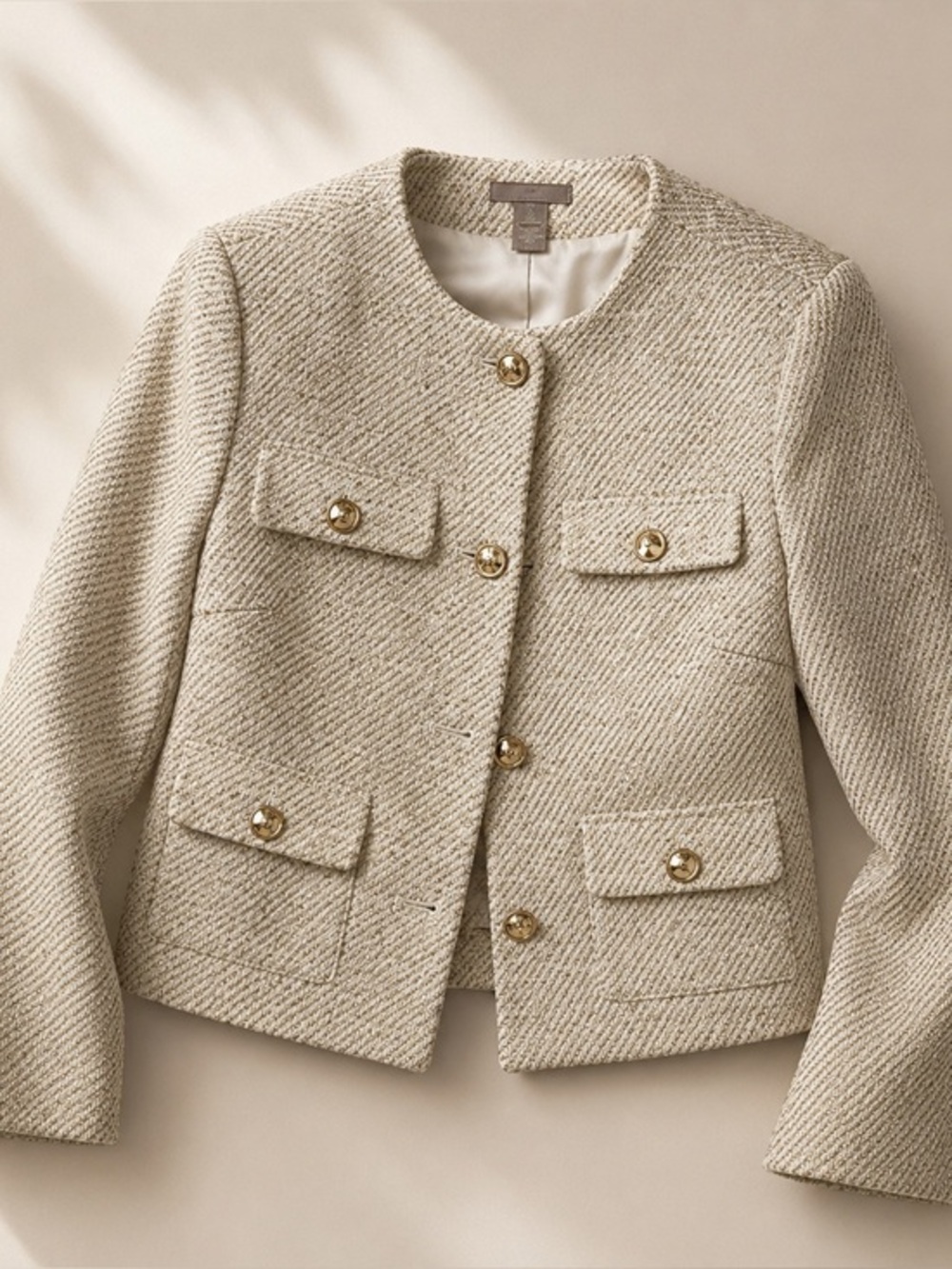H&M Beige Tweed Cropped Jacket Gold Buttons NWT Size M